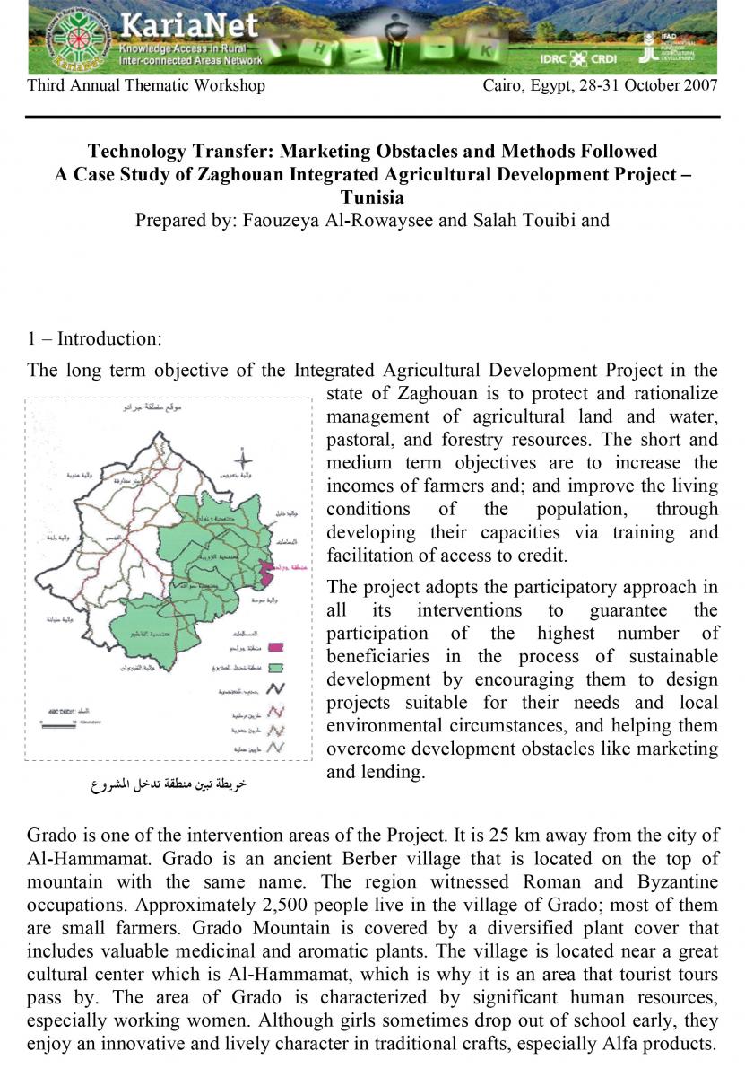 Technology Transfer: Marketing Obstacles and Methods Followed / A Case Study of Zaghouan Integrated Agricultural Development Project – Tunisia