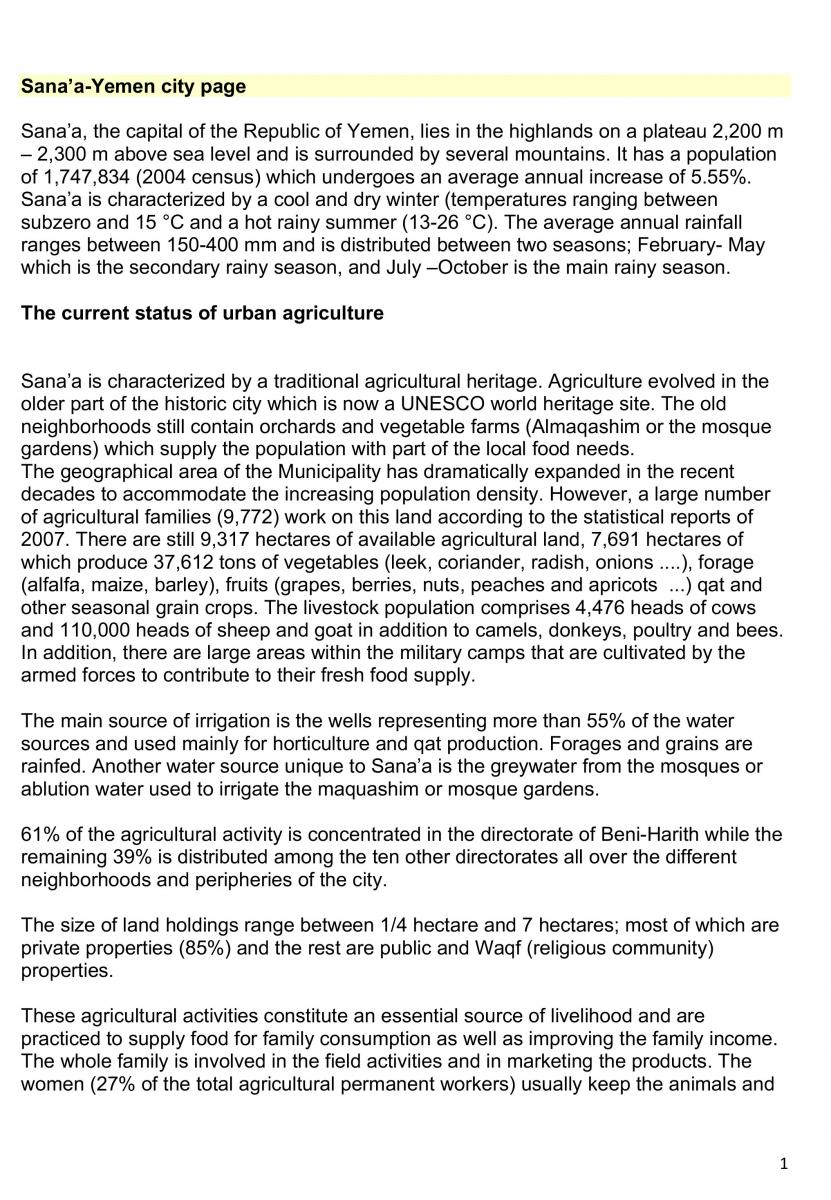 Summary About Urban agriculture and food security in the capital Sana’a